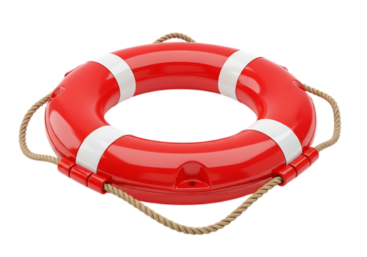 Bright red and white lifebuoy ring with rope detail isolated on a black background