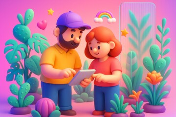 Naklejka premium Cute couple using tablet surrounded by tropical plants, cartoon style on soft colorful background, concept of digital connection and nature. Ai generative
