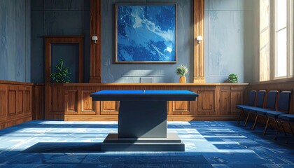 Elegant interior features a striking blue and brown color palette, with a central table, framed artwork, and natural light illuminating the space through a large window, suggesting a modern and...