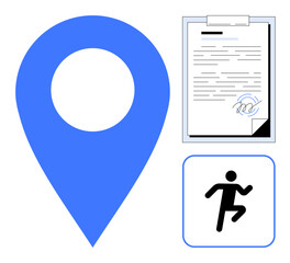 Blue pin for location, signed agreement on clipboard, running icon for movement. Ideal for logistics, navigation, fitness, contracts, planning travel productivity. Simple flat metaphor