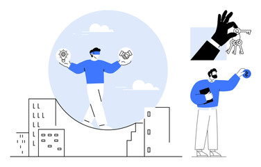 Person balancing gears and handshake, representing innovation and partnership. Includes cityscape, keys in hand, and professional with folder and spiral concept. Ideal for teamwork, innovation