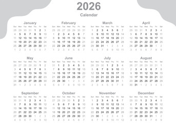 Calendar for 2026 year. Planner template. Monthly calendar organizer. Week starts Sunday. Desk schedule grid with 12 month. Corporate yearly diary layout. Horizontal simple agenda. Vector illustration