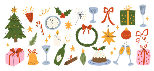 Cute Christmas and New Year doodle vector set.