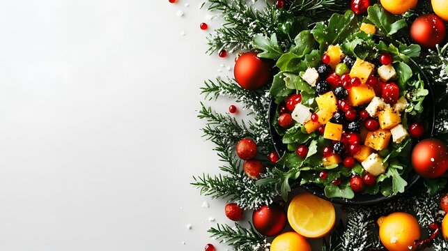 Colorful salad with fresh vegetables and fruits arranged on a festive green background during the holiday season - Powered by Adobe