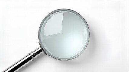 Create a realistic image of a magnifying glass with a clear, shiny lens and a polished metal handle. The background should be completely empty and plain to focus solely on the magnifying glass.
