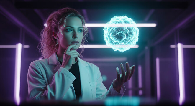 Female scientist in a high-tech lab analyzing a glowing holographic quantum algorithm visualization