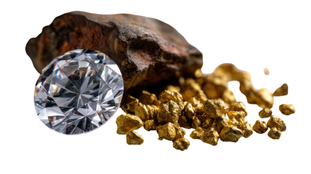 Precious stones and raw ore. A sparkling diamond sits beside nuggets of gold, nestled in a dark, rough rock
