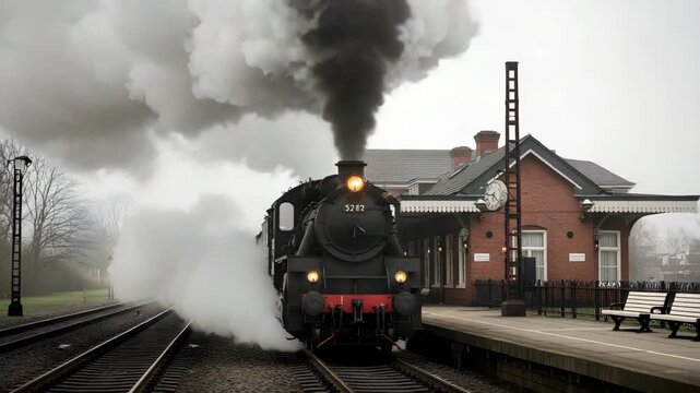 Classic steam locomotive in motion generating smoke