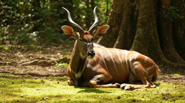 Striking Nyala Lying Down on Green Grass Under a Big Tree in Forest Under Bright Sunlight a Wildlife Scene Peaceful Environment Serene Ambience Relaxation in Nature Habitat