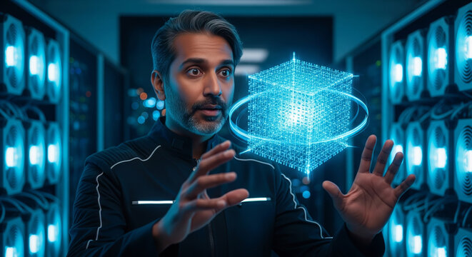 Man interacting with a glowing holographic data cube in a high-tech server room