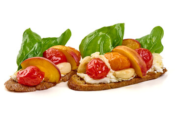 Bruschetta, Tomatoes, Peach, Basil, Cheese, isolated on white background