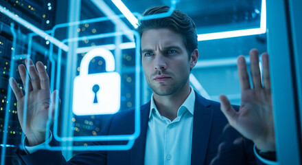 Focused cybersecurity analyst interacts with a holographic padlock in a data center
