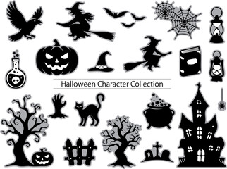 Fototapeta premium Halloween silhouette icon set featuring witches, pumpkins, bats, cats, haunted houses, cauldrons, and spooky decorations for October designs.
