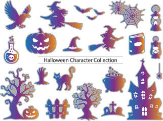 Halloween silhouette icon set featuring witches, pumpkins, bats, cats, haunted houses, cauldrons, and spooky decorations for October designs.