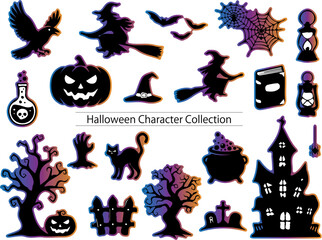 Obraz premium Halloween silhouette icon set featuring witches, pumpkins, bats, cats, haunted houses, cauldrons, and spooky decorations for October designs.