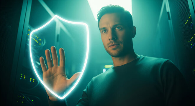 Threat detection analyst interacting with a virtual security shield in a data center