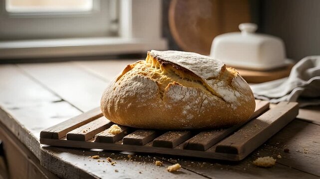 Freshly baked bread loaf on wooden cutting board indoor scene