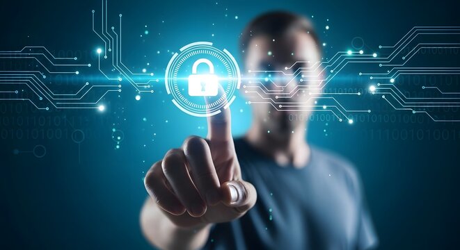 Man touching a digital padlock with circuit board elements against a blue gradient background