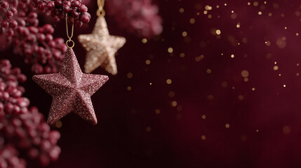 A close-up of glittering pink star and round christmas ornaments hanging against a soft blurred festive background with sparkling golden bokeh lights