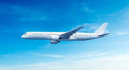 Naklejka premium White airplane side view flying in the blue sky background. Modern passenger jet airplane.
