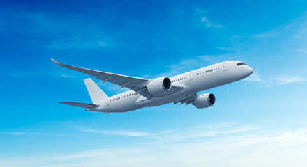 Obraz premium White airplane Airbus A350 corner view low angle flying in the blue sky background. Modern passenger jet airplane.