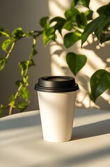 White Disposable Coffee Cup with Black Lid on a Table with Green Plant in Background.