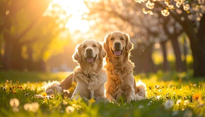 Two golden-furred canines smile serenely in sunlit, flowered meadow