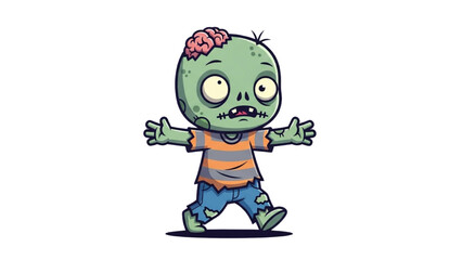Cute Cartoon Zombie Illustration Halloween Character with Exposed Brain and Torn Clothes
