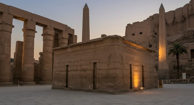 Ancient Egyptian temple complex at dusk, showcasing columns, obelisks, and illuminated structures