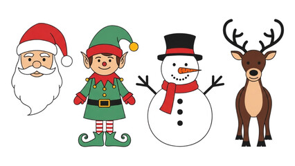 Christmas Characters Santa Claus, Elf, Snowman, and Reindeer Illustrations