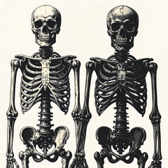 Two human skeletal structures in a grayscale, detailed anatomical illustration