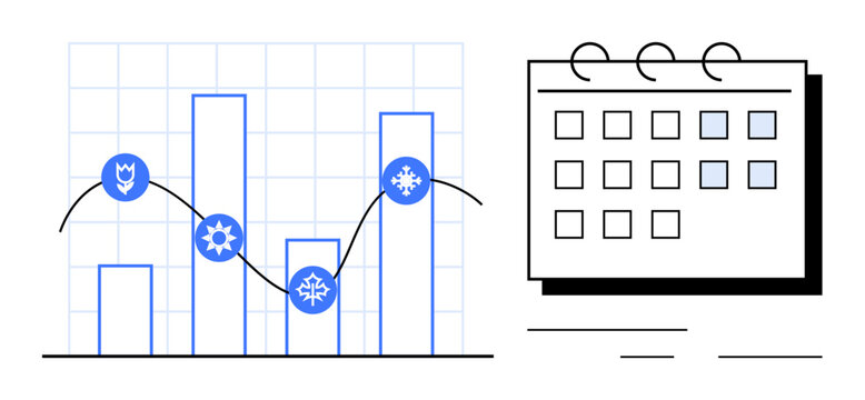 Bar chart with seasonal icons, trend line across chart, and calendar for planning. Ideal for analytics, forecasting, scheduling, productivity, strategy, time management simple flat metaphor