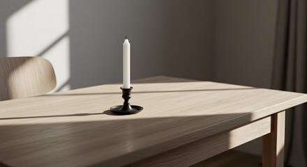 Obraz premium Candle on table minimalist still life with sunlight and shadow play