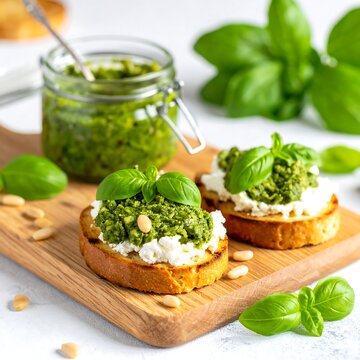 Two bruschetta topped with green pesto, cheese, basil, and pine nuts