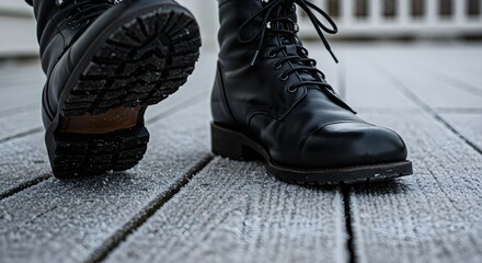 Close up of black leather boots standing on wooden planks outdoors