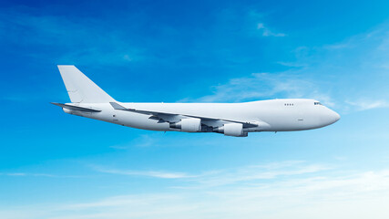 Obraz premium White airplane Boeing 747 cargo plane side view flying in the blue sky background. Wide body double decker aircraft with four engine. Modern cargo jet airplane.