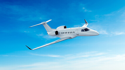Obraz premium White private jet airplane flying side view high angle in the blue sky background. Modern private jet airplane.