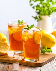 Fototapeta premium Lemon tea with fresh lemon slices, highlighting its health benefits and delicious, tangy flavor. Versatile for food and drink photography, health blogs, or recipe features.
