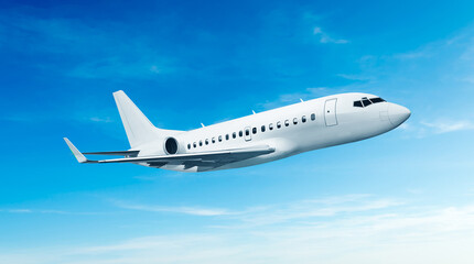 White private jet airplane side view flying in the blue sky background. Modern private jet airplane.