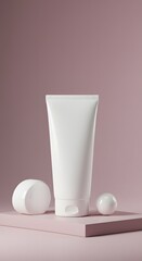 White Cosmetic Tube and Spheres on Pink Background.
