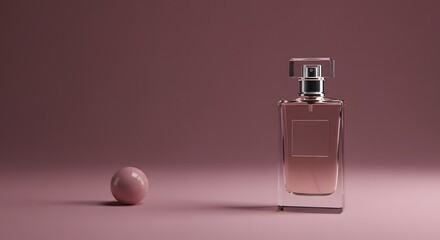 Elegant perfume bottle with a pink sphere on a pink background.