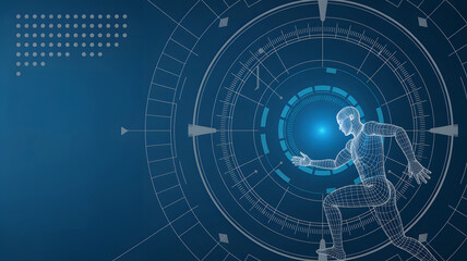 Dynamic wireframe human figure running with futuristic HUD interface, representing speed and innovation in tech, perfect for AI, science, or fitness concepts