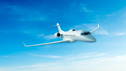 Obraz premium White private jet airplane front view high angle flying in the blue sky background. Modern private jet airplane.