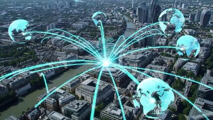 Aerial city view with glowing lines connecting holographic globes, symbolizing a global data network and smart city - Powered by Adobe
