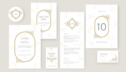 Oval frames and borders. Vintage wedding card design in a classic style.