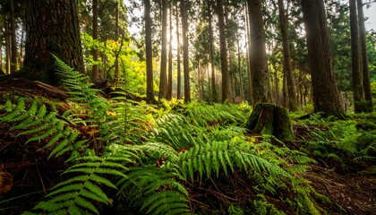A verdant forest scene; ferns in foreground, sunbeams piercing through tall trees