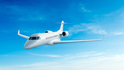 Obraz premium White private jet airplane front view high angle flying in the blue sky background. Modern private jet airplane.