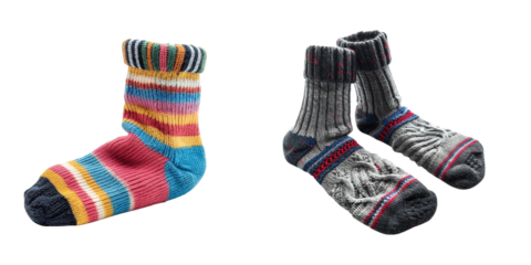 Two pairs of warm woolen socks one colorful striped the other