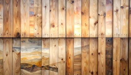 Two sections of a wooden wall with subtle landscape paintings