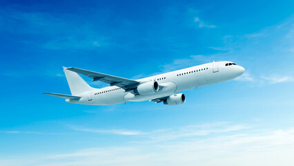White airplane side view low angle flying in the blue sky background. Modern passenger jet airplane.